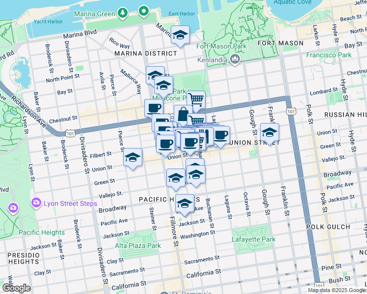 map of restaurants, bars, coffee shops, grocery stores, and more near 2028 Filbert Street in San Francisco