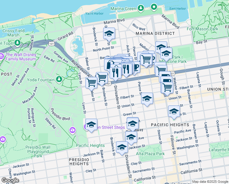 map of restaurants, bars, coffee shops, grocery stores, and more near 2568 Greenwich Street in San Francisco