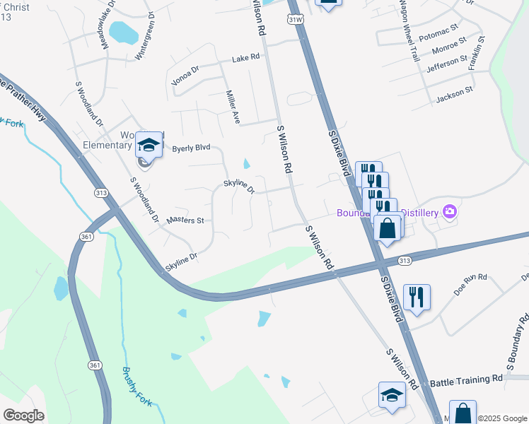map of restaurants, bars, coffee shops, grocery stores, and more near 101 Joy Court in Radcliff