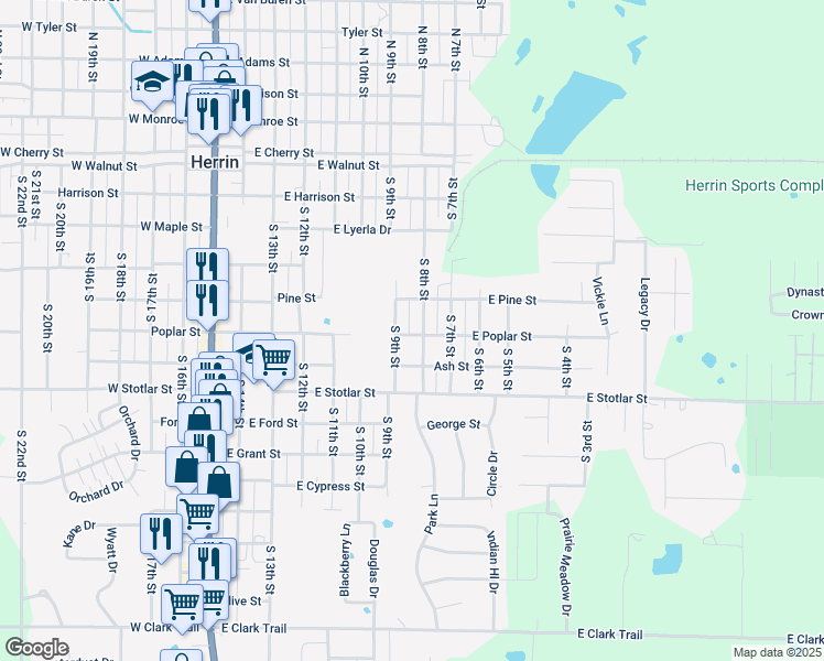 map of restaurants, bars, coffee shops, grocery stores, and more near 500-598 South 9th Street in Herrin