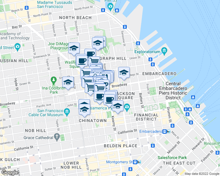 map of restaurants, bars, coffee shops, grocery stores, and more near 23 Fresno Street in San Francisco