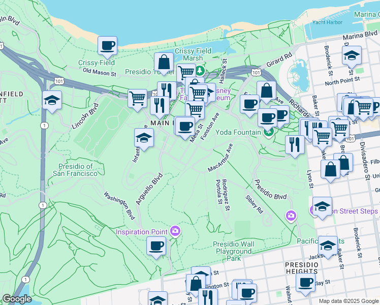 map of restaurants, bars, coffee shops, grocery stores, and more near 12 Mesa Street in San Francisco