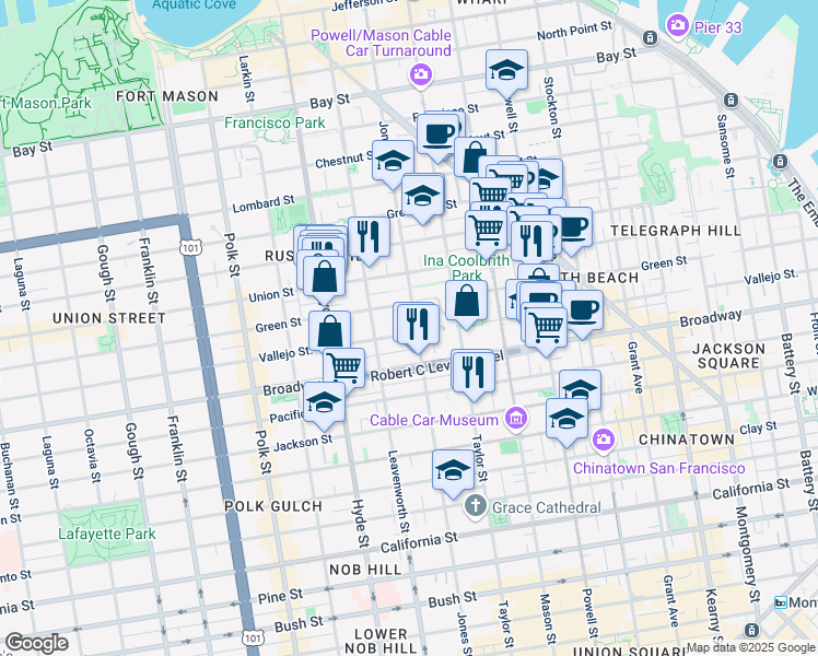 map of restaurants, bars, coffee shops, grocery stores, and more near 1807 Jones Street in San Francisco