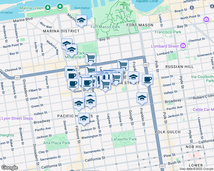 map of restaurants, bars, coffee shops, grocery stores, and more near 1857 Filbert Street in San Francisco