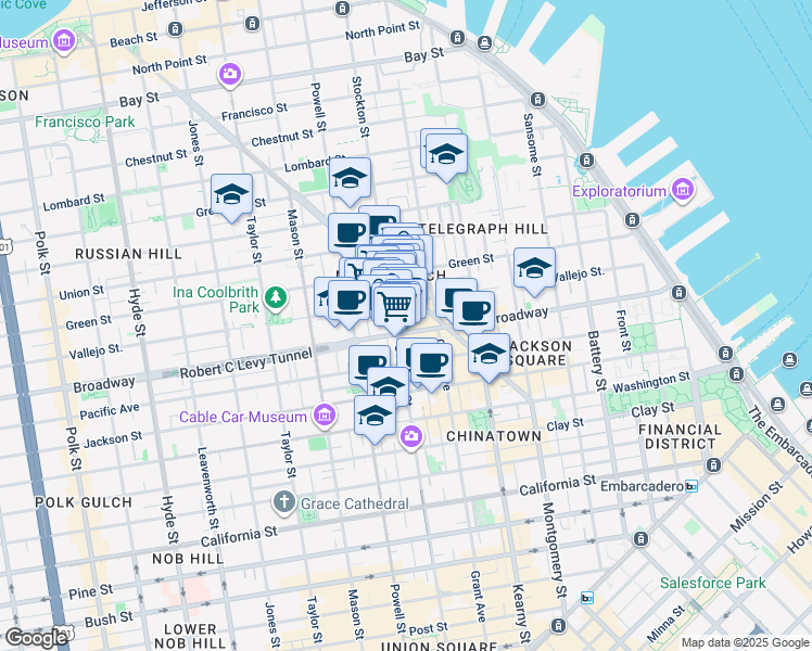 map of restaurants, bars, coffee shops, grocery stores, and more near 729 Vallejo Street in San Francisco