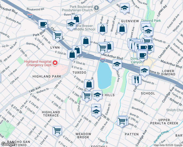 map of restaurants, bars, coffee shops, grocery stores, and more near 3081 23rd Avenue in Oakland