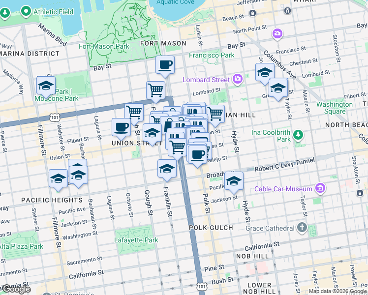 map of restaurants, bars, coffee shops, grocery stores, and more near 2418 Van Ness Avenue in San Francisco