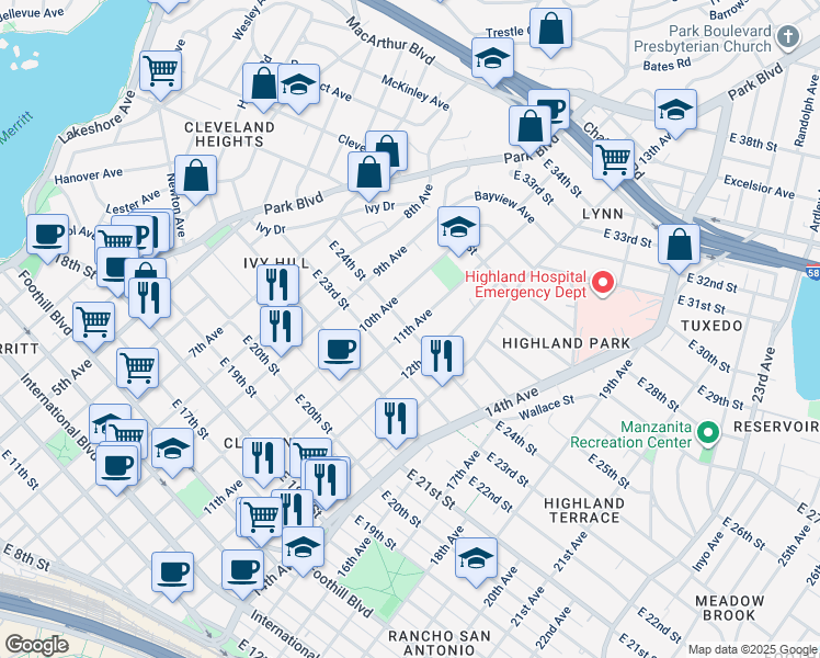map of restaurants, bars, coffee shops, grocery stores, and more near East 24th Street & 11th Avenue in Oakland
