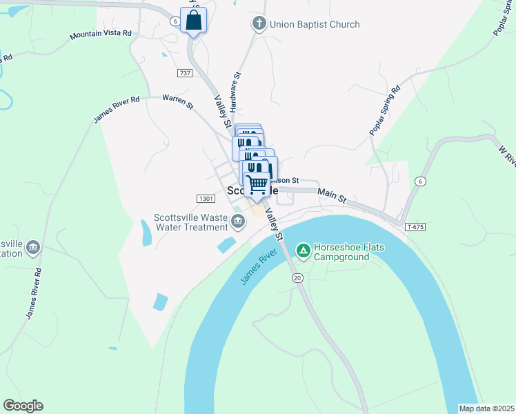 map of restaurants, bars, coffee shops, grocery stores, and more near 125 Fleet Street in Scottsville