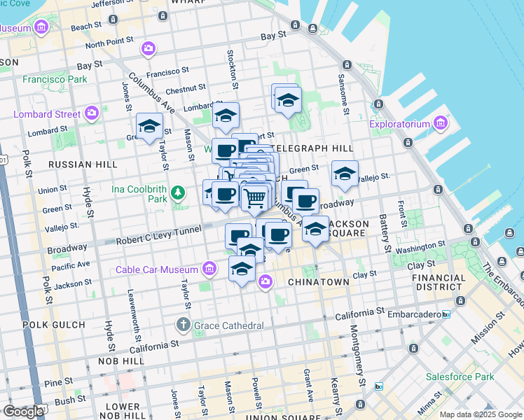 map of restaurants, bars, coffee shops, grocery stores, and more near 729 Vallejo Street in San Francisco