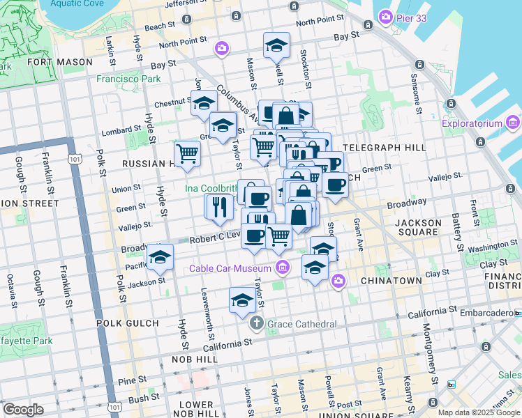 map of restaurants, bars, coffee shops, grocery stores, and more near 950-998 Vallejo Street in San Francisco