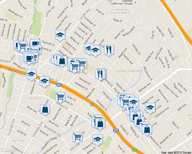 map of restaurants, bars, coffee shops, grocery stores, and more near 2946 MacArthur Boulevard in Oakland