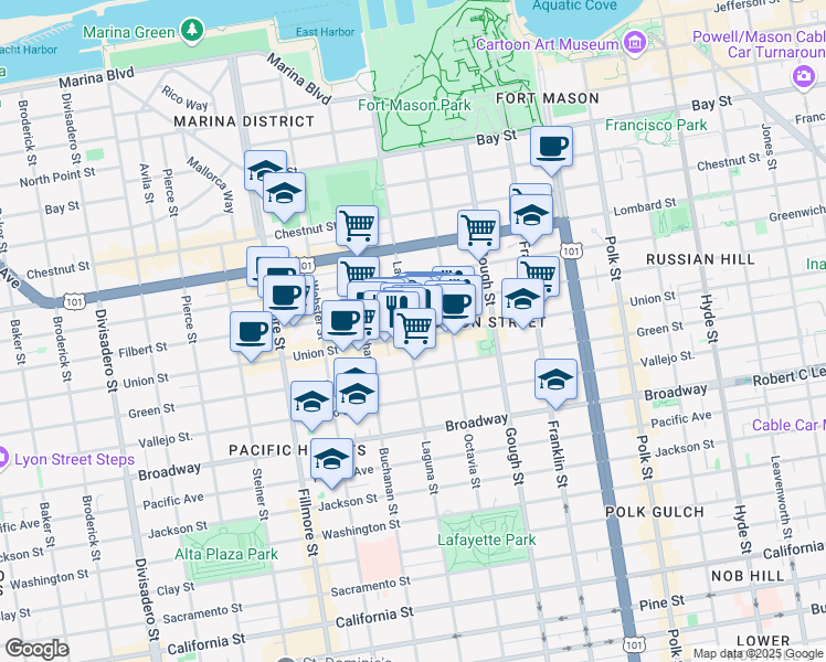 map of restaurants, bars, coffee shops, grocery stores, and more near 1857 Filbert Street in San Francisco
