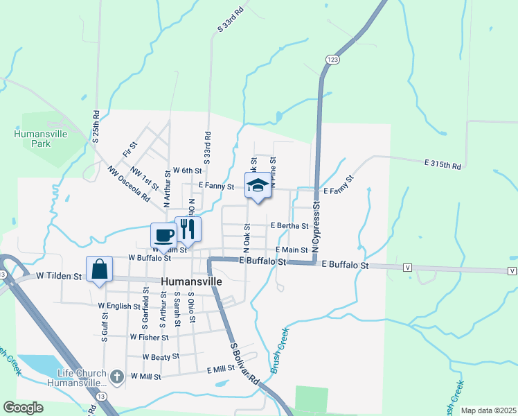 map of restaurants, bars, coffee shops, grocery stores, and more near 300 North Oak Street in Humansville