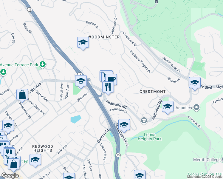 map of restaurants, bars, coffee shops, grocery stores, and more near 4100 Redwood Road in Oakland