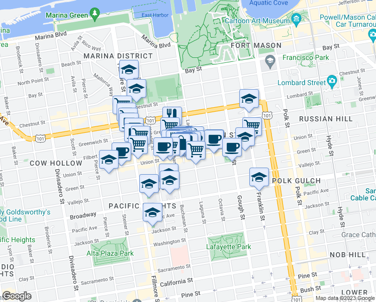 map of restaurants, bars, coffee shops, grocery stores, and more near 1910 Union Street in San Francisco