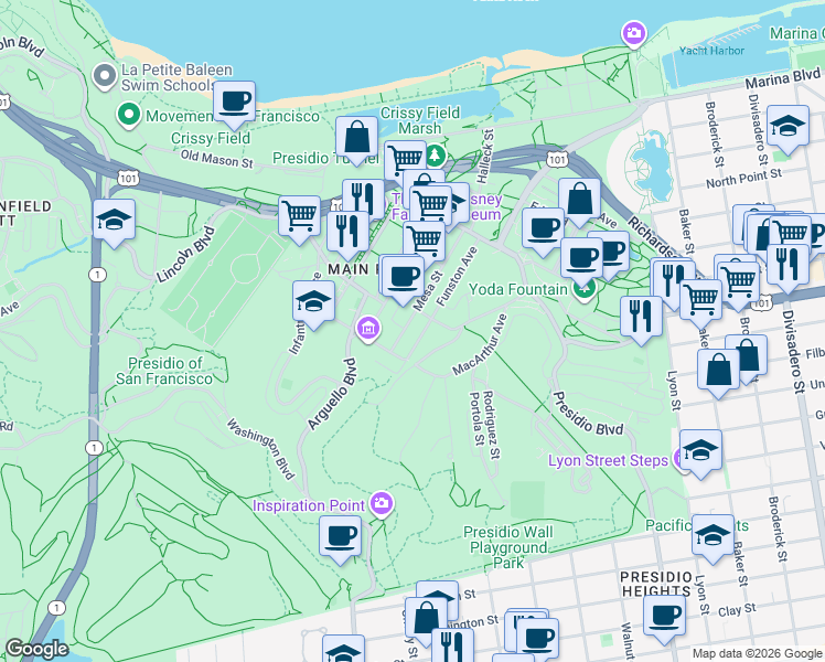 map of restaurants, bars, coffee shops, grocery stores, and more near 12 Mesa Street in San Francisco
