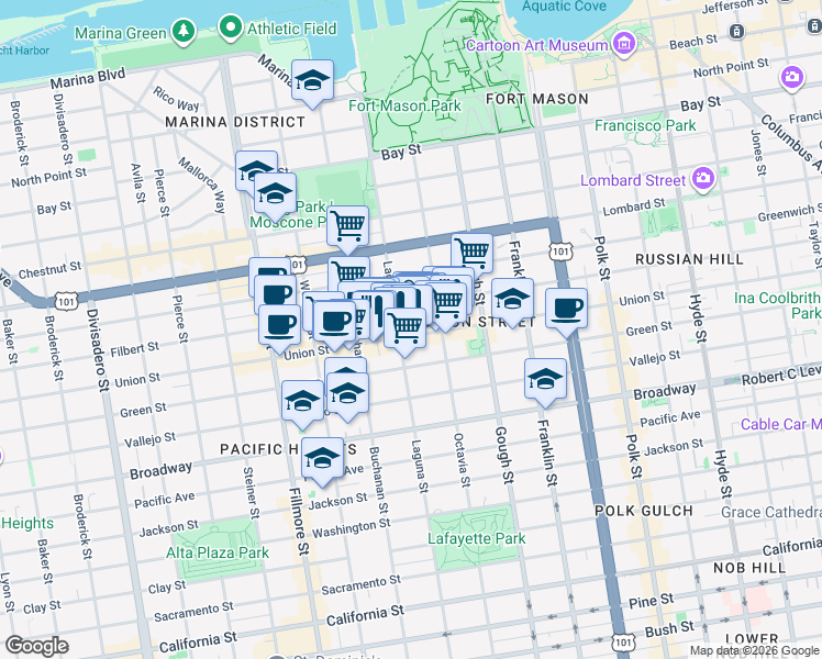 map of restaurants, bars, coffee shops, grocery stores, and more near 1872 Union Street in San Francisco