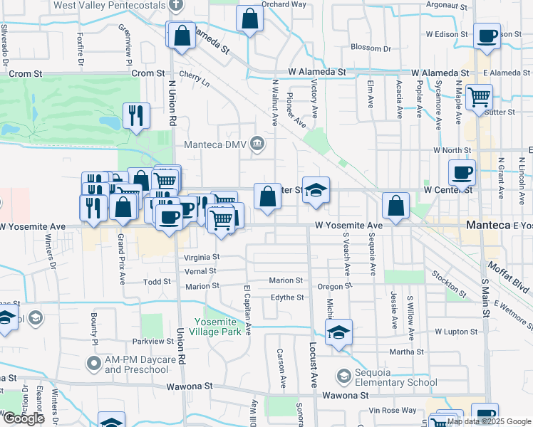 map of restaurants, bars, coffee shops, grocery stores, and more near 942 West Center Street in Manteca