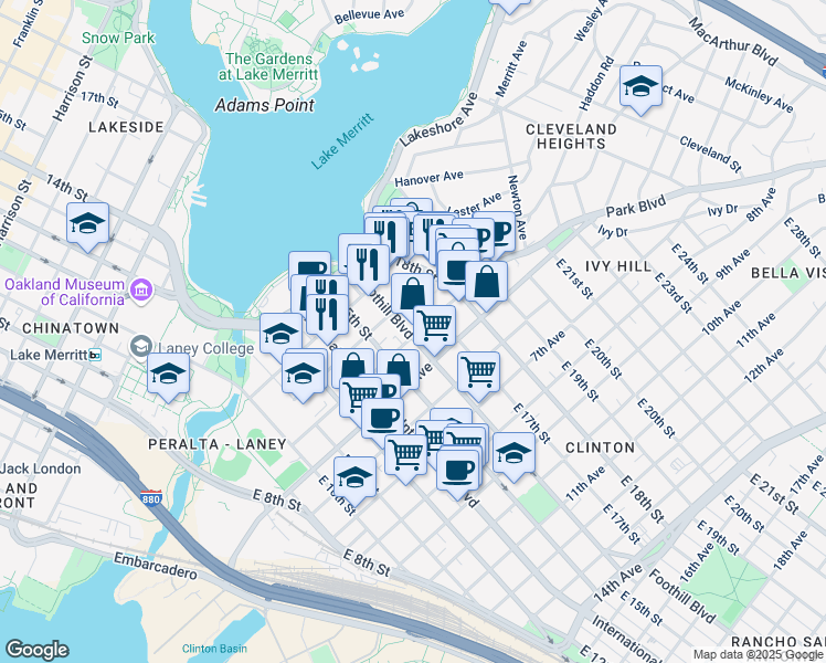 map of restaurants, bars, coffee shops, grocery stores, and more near 319 East 17th Street in Oakland