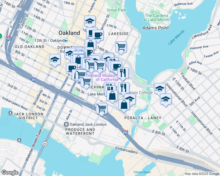 map of restaurants, bars, coffee shops, grocery stores, and more near 102 10th Street in Oakland