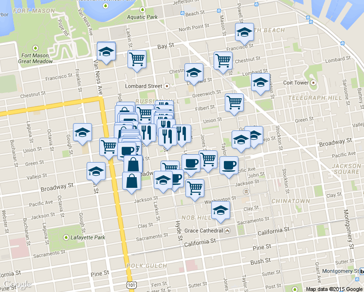 map of restaurants, bars, coffee shops, grocery stores, and more near 1134 Green Street in San Francisco