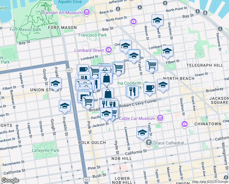 map of restaurants, bars, coffee shops, grocery stores, and more near 1134 Green Street in San Francisco