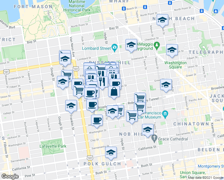 map of restaurants, bars, coffee shops, grocery stores, and more near in San Francisco