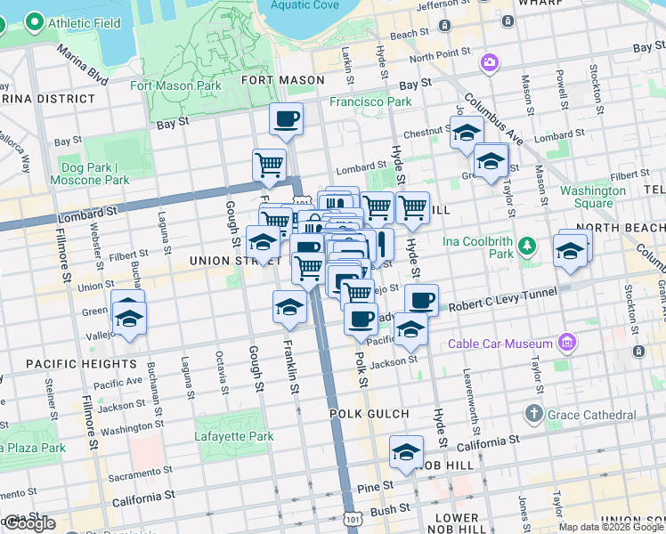 map of restaurants, bars, coffee shops, grocery stores, and more near in San Francisco