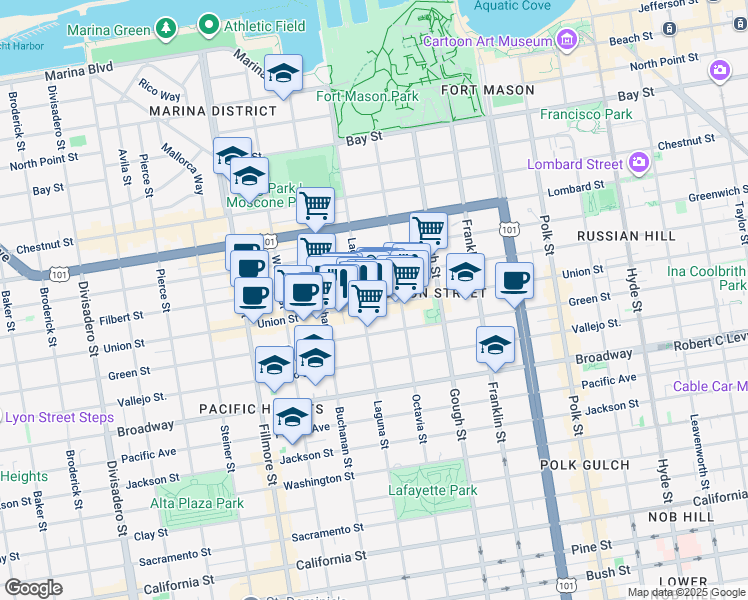 map of restaurants, bars, coffee shops, grocery stores, and more near 1857 Filbert Street in San Francisco
