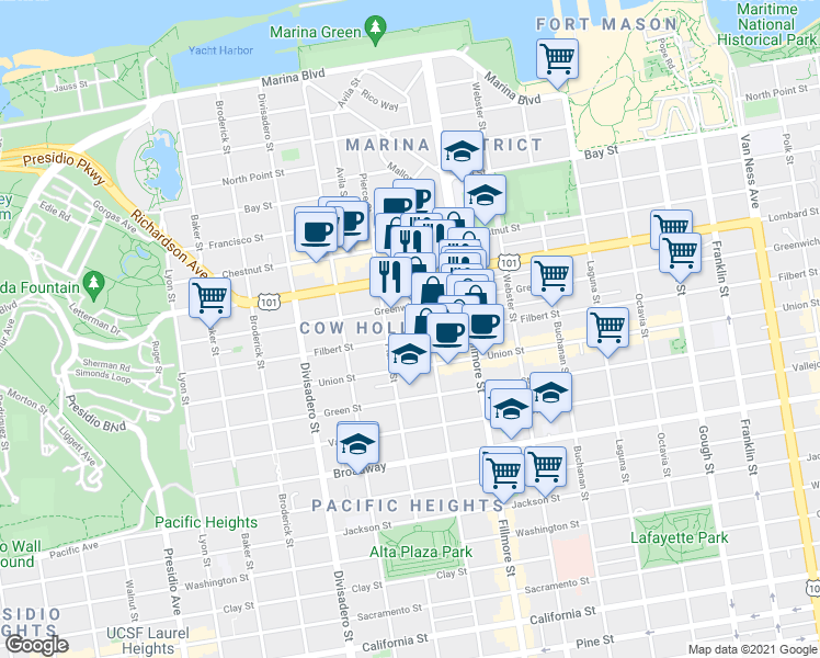 map of restaurants, bars, coffee shops, grocery stores, and more near 3144 Steiner Street in San Francisco