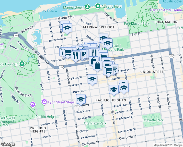 map of restaurants, bars, coffee shops, grocery stores, and more near 2399 Greenwich Street in San Francisco