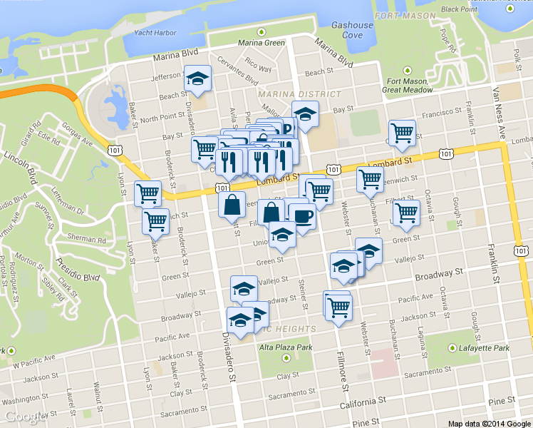 map of restaurants, bars, coffee shops, grocery stores, and more near 2399 Greenwich Street in San Francisco