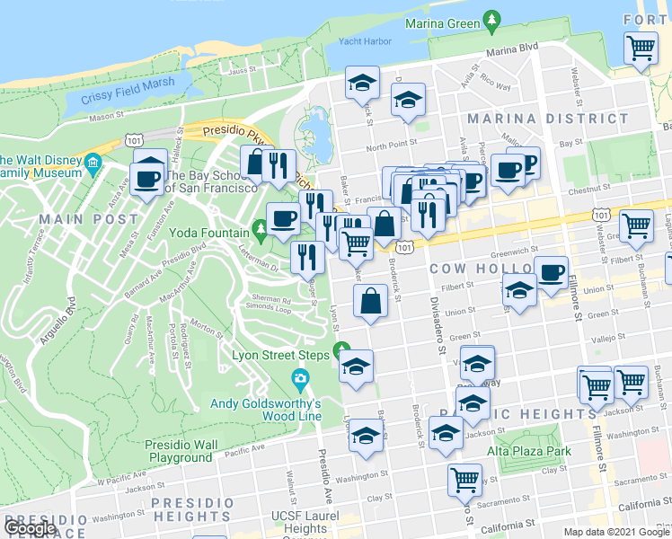 map of restaurants, bars, coffee shops, grocery stores, and more near 2729 Lombard Street in San Francisco