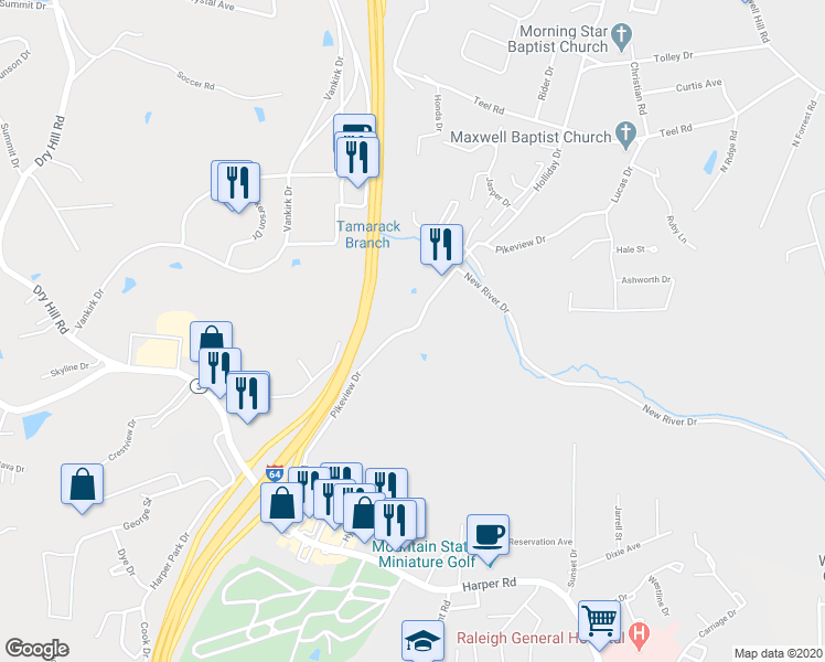 map of restaurants, bars, coffee shops, grocery stores, and more near 105 South Eisenhower Drive in Beckley