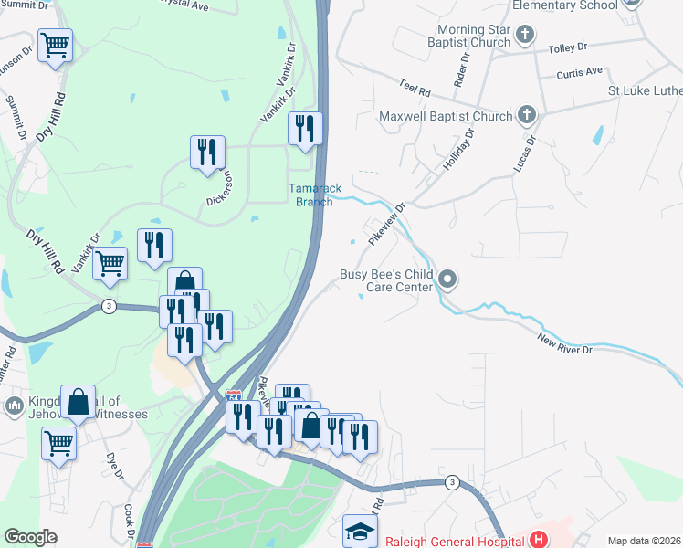 map of restaurants, bars, coffee shops, grocery stores, and more near 205 Pikeview Drive in Beckley