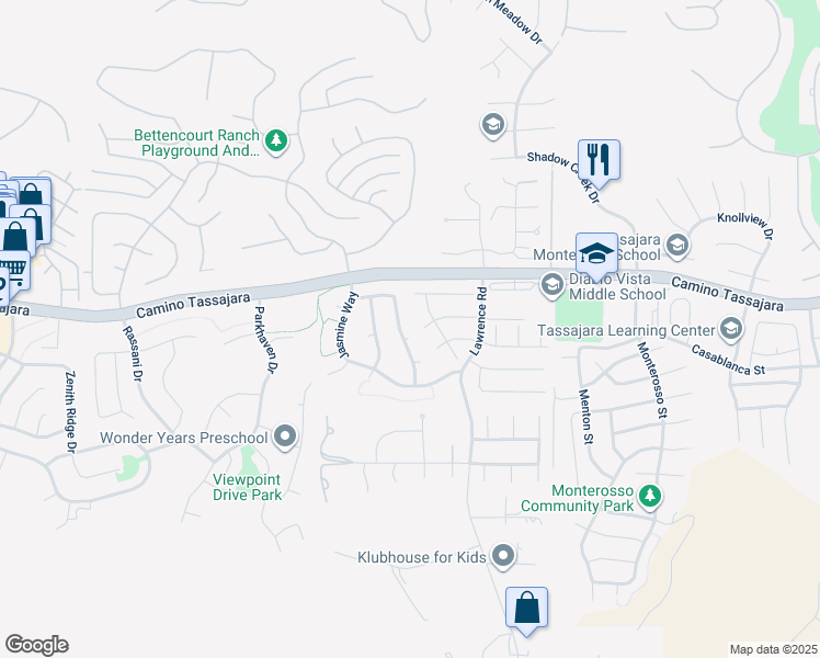 map of restaurants, bars, coffee shops, grocery stores, and more near 33 Bottlebrush Court in Danville