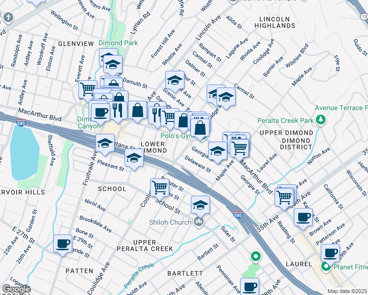 map of restaurants, bars, coffee shops, grocery stores, and more near 3457 Coolidge Avenue in Oakland