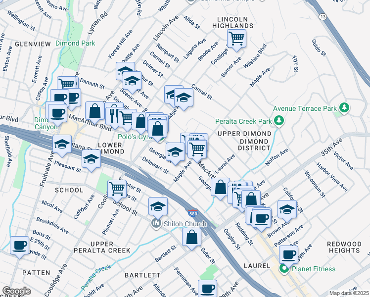 map of restaurants, bars, coffee shops, grocery stores, and more near 2942 MacArthur Boulevard in Oakland