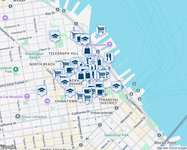 map of restaurants, bars, coffee shops, grocery stores, and more near 733 Front Street in San Francisco