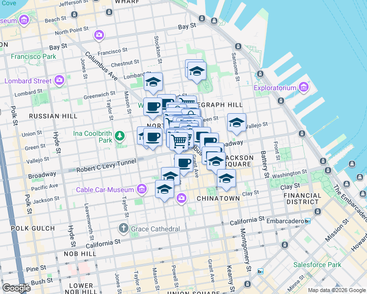 map of restaurants, bars, coffee shops, grocery stores, and more near 644 Broadway in San Francisco