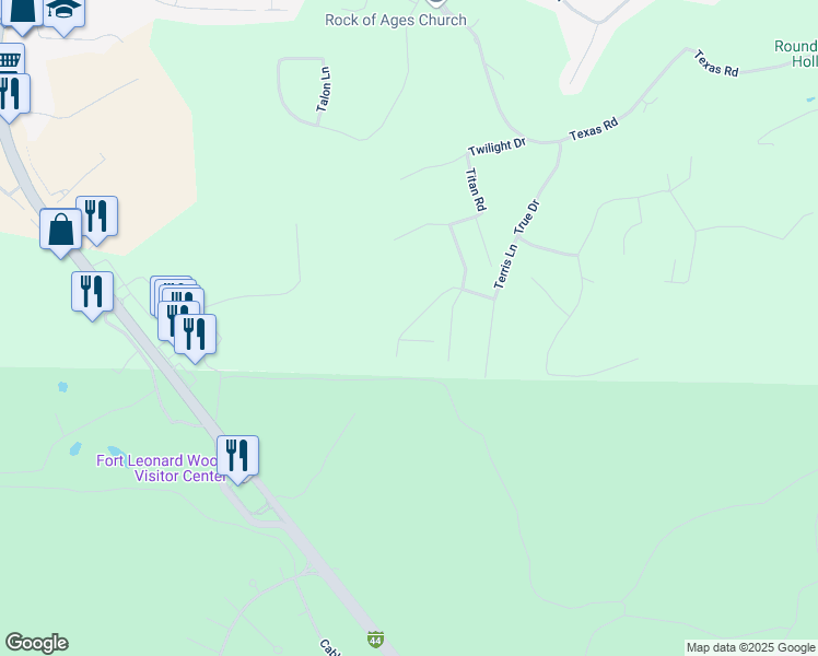 map of restaurants, bars, coffee shops, grocery stores, and more near 15808 Tundra Road in St. Robert