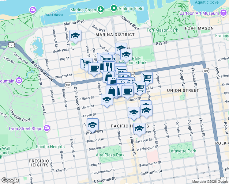 map of restaurants, bars, coffee shops, grocery stores, and more near 3144 Steiner Street in San Francisco