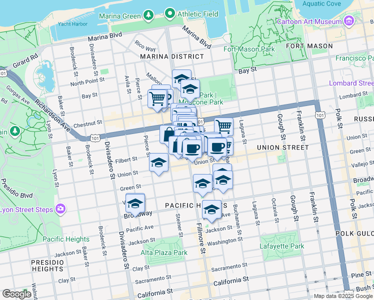 map of restaurants, bars, coffee shops, grocery stores, and more near Fillmore St & Filbert St in San Francisco