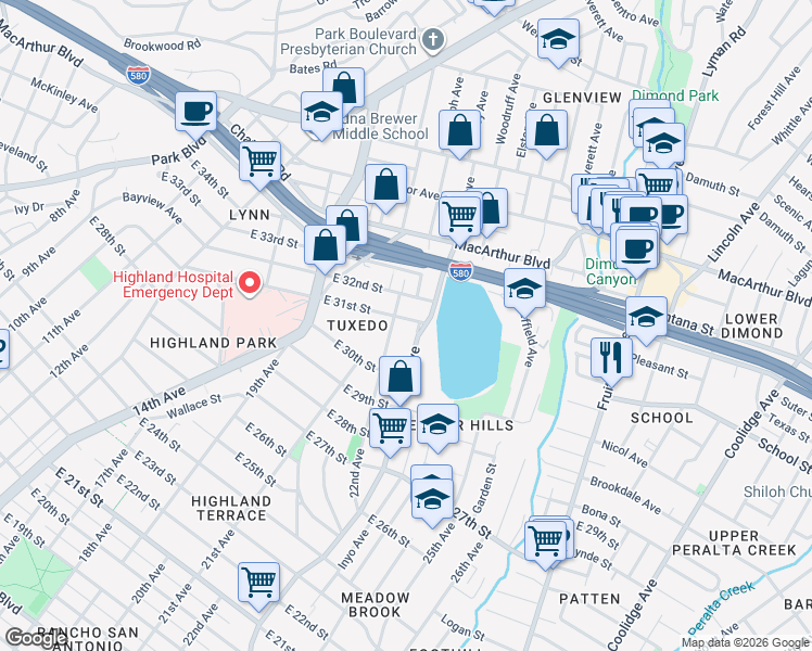 map of restaurants, bars, coffee shops, grocery stores, and more near 2221 East 31st Street in Oakland