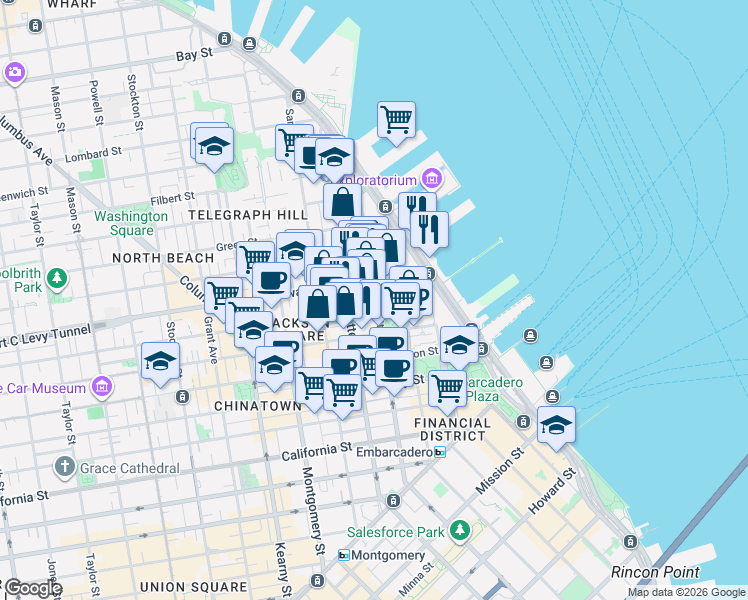 map of restaurants, bars, coffee shops, grocery stores, and more near 733 Front Street in San Francisco