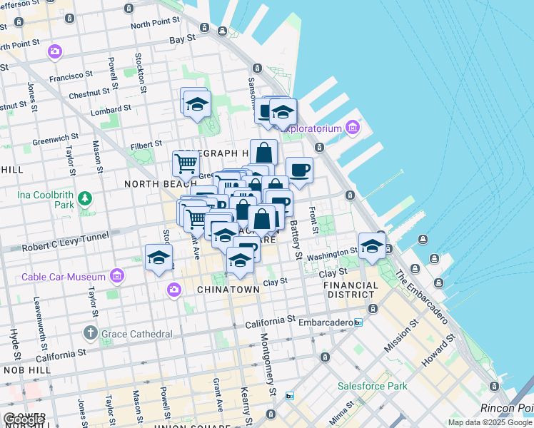 map of restaurants, bars, coffee shops, grocery stores, and more near 350 Broadway in San Francisco