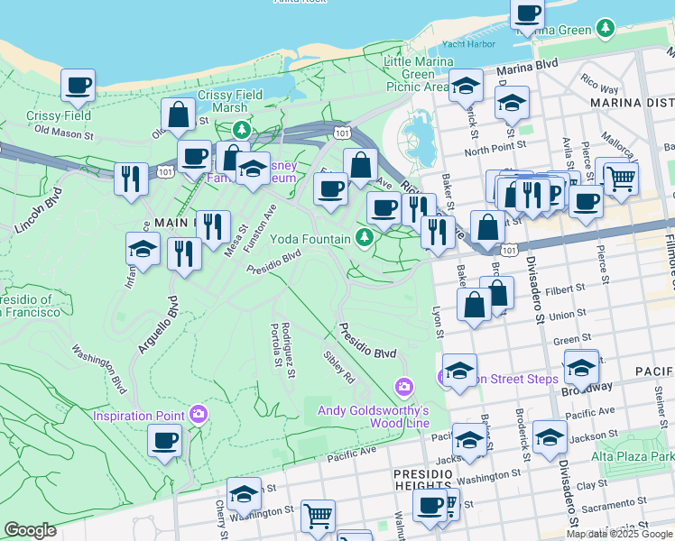 map of restaurants, bars, coffee shops, grocery stores, and more near 546 Presidio Boulevard in San Francisco