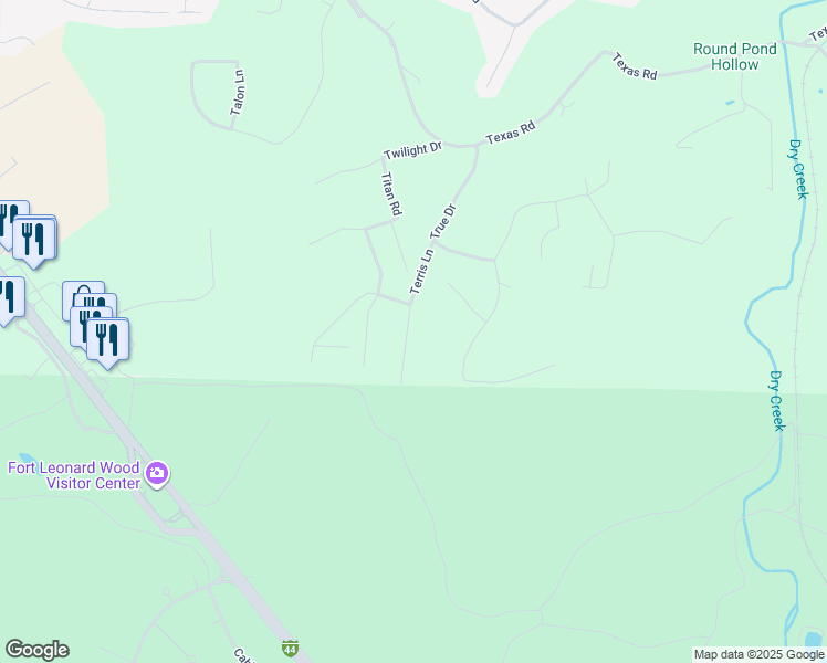 map of restaurants, bars, coffee shops, grocery stores, and more near 15760 Terris Lane in Saint Robert