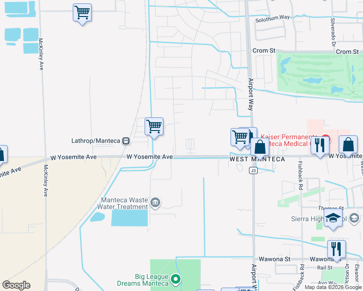 map of restaurants, bars, coffee shops, grocery stores, and more near 140 Swanson Road in Manteca